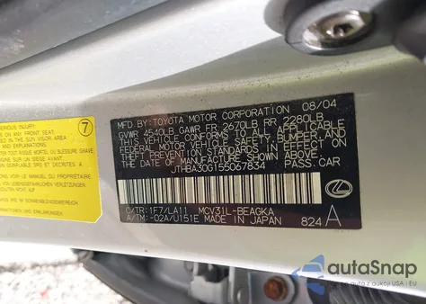 2005 Lexus Es 330 z USA, uszkodzony, nr VIN JTHBA30G155067834